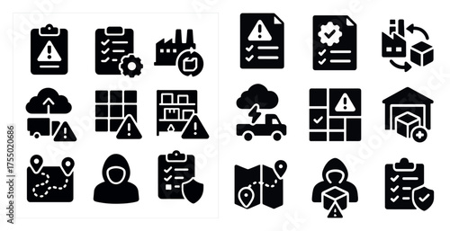 Logistics solid icons set – silhouette, filled, supply chain and warehouse symbols