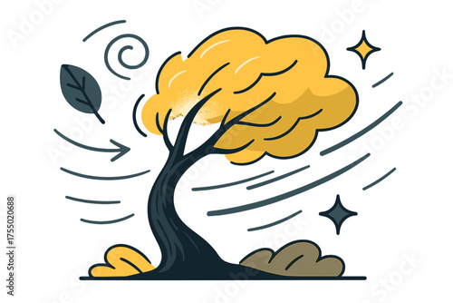 Resilient Tree in Storm. Tree in storm. Glowing tree bending but not breaking in fierce wind. Floating icons of leaf, swirl, and sparkle symbolizing