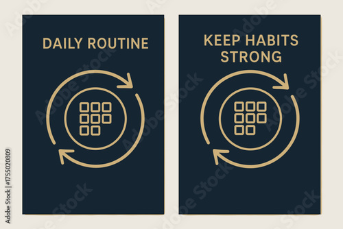 Modern Habit Banners. Discipline. Two vertical A6 banners with safe margins, centered composition, no elements touching edges, modern minimal, navy and gold,
