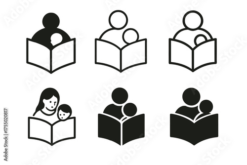 Family Storytime Logos. Quality time with parents. Set Logo of Quality time with parents: Storytime open book with parent and child silhouette. harmonious logo
