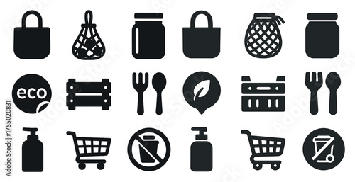 Eco shopping solid icons set – filled, sustainability and reusable bag symbols