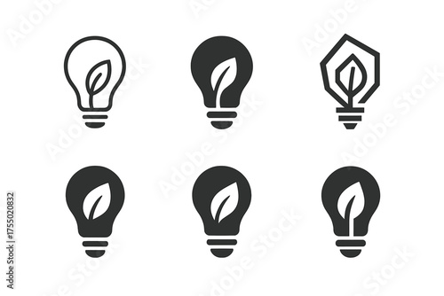 Eco Bulb Logos. Energy-saving tips poster. Set Logo of Energy-saving tips poster: Eco LED lightbulb with leaf filament. harmonious logo variations of the same