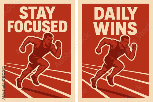 Stay Focused Runner. Strength. Two vertical A6 banners with safe margins, centered composition, no elements touching edges, bold style, red and beige, runner