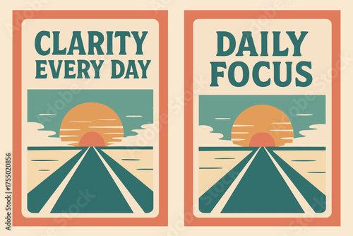 Retro Sunrise Pathway. Mindset. Two vertical A6 banners with safe margins, centered composition, no elements touching edges, retro style, coral and teal,
