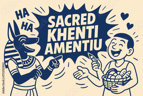 Khenti Amentiu Fun. Sacred Khenti Amentiu banner, flat vector illustration, bold oversized text inside comic burst, cartoon characters laughing and pointing,