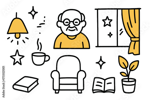 Cozy Evening Doodle. Evening Light. Hand-drawn doodle illustration lamp (colored), elderly person (colored), curtain (colored), sparkle, star, window, chair,