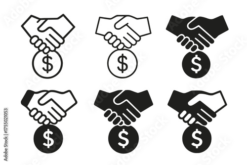 Minimum Wage Emblems. Minimum wage laws. Set Logo of Minimum wage laws: Handshake over coin. harmonious logo variations of the same emblematic concept, each