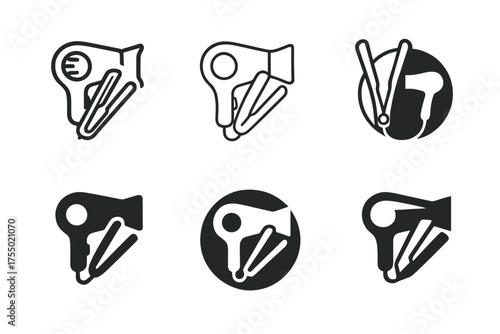 Hair Styling Logos. Blow dryer and styling tools. Set Logo of Blow dryer and styling tools: Hair straightener / flat iron. harmonious logo variations of the