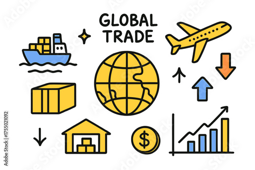 Global Trade Doodle. Global Trade. Hand-drawn doodle illustration cargo ship (colored), plane (colored), container, warehouse (colored), arrow up, arrow down