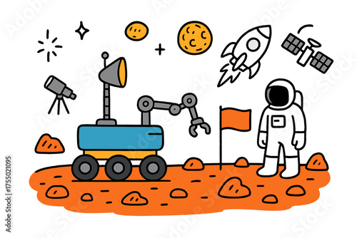 Mars Rover Adventure. Space Rover. Hand-drawn doodle illustration rover (colored), Mars surface, astronaut, rocks (colored), flag (colored), telescope, stars,