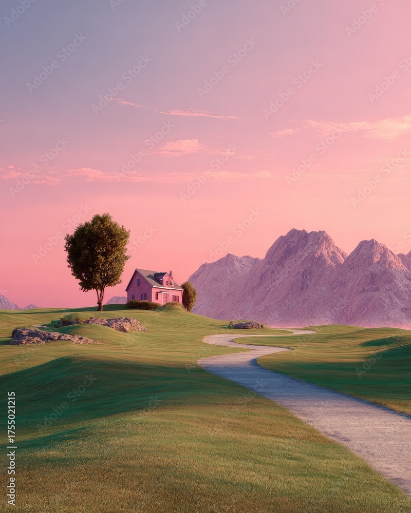 Fototapeta premium Pink house atop green hill, winding path, mountain backdrop