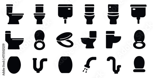 Bathroom and plumbing solid icons set – filled, toilet, sanitation symbols