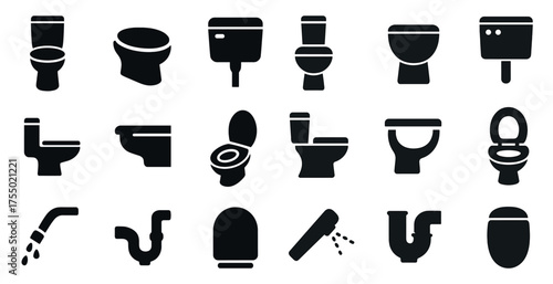 Bathroom fixtures solid icons set – flat, silhouette, plumbing and restroom symbols