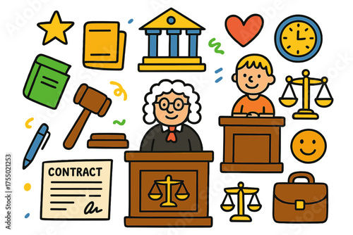 Colorful Courtroom Doodles. Court Hearing. Colorful Hand-drawn doodle Children illustration judge, witness stand, courthouse, gavel, contract, folder, book,