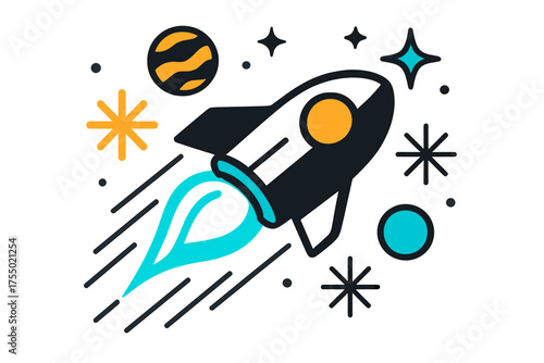 Galactic Speed Voyage. Warp Drive. A glowing spaceship zooming through colorful galaxies, abstract floating spark and star icons symbolizing speed