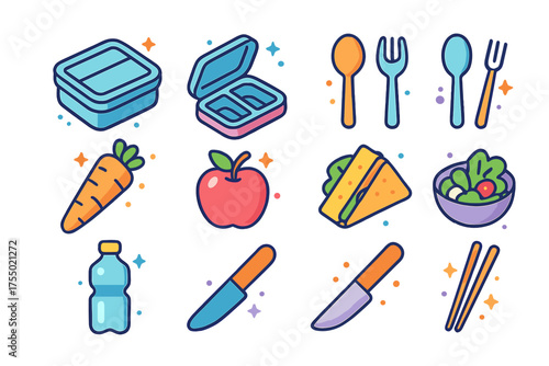 Colorful Meal Prep Icons. Meal Prep. Colorful isometric vector icons set of meal prep: food container, hinged lid, lunch box, spoon, fork, carrot, apple,