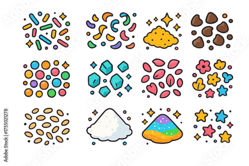 Colorful Sprinkle Icons. Backstage Chat. Colorful Hand-drawn doodle Children illustration actors, chairs, scripts, props, costumes, coffee cups, notebooks,