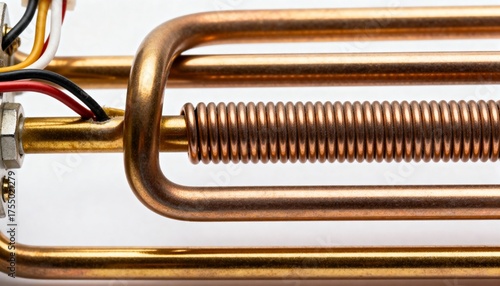 Close-up of a metallic electrical heating element with copper tubing and connecting wires