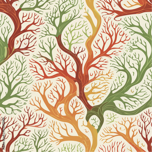 Organic Mycelium Network Seamless Pattern. Abstract biophilic textile design in earthy terracotta and olive tones. Natural, flowing lines for fashion and decor.

