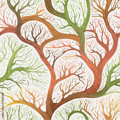 Organic Mycelium Network Seamless Pattern. Abstract biophilic textile design in earthy terracotta and olive tones. Natural, flowing lines for fashion and decor.

