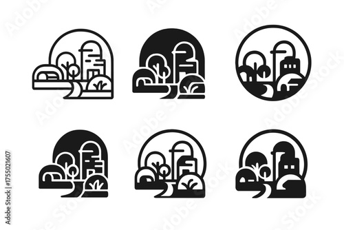 Futuristic Habitat Logos. A futuristic space habitat with living quarters, gardens, and workspaces. Set Logo of A futuristic space habitat with