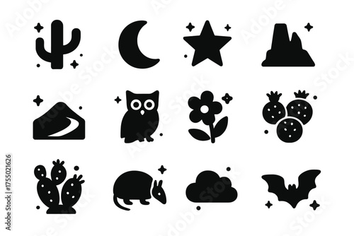 Desert Night Icons. Desert night. Solid icons set of Desert night: saguaro cactus, moon, star, desert rock, sand dune, owl, cactus flower, barrel cactus,