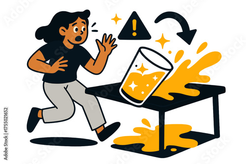 Glowing Juice Spill. Accidental spill. Glowing glass of juice toppled, splashing liquid across table and floor. Floating icons of sparkle, exclamation mark,