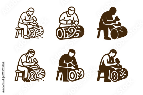 Artisan Logo Variations. Tourism to explore local artisans and craftsmen. Set Logo of Tourism to explore local artisans and craftsmen: Woodcarver chisel