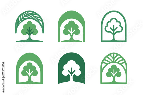 Urban Cooling Logos. climate-resilient infrastructure. Set Logo of climate-resilient infrastructure: urban cooling canopy / tree-lined corridor. harmonious