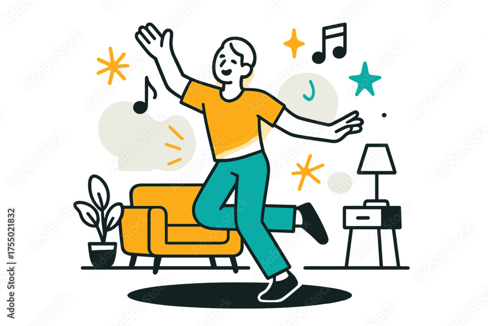 Fototapeta premium Living Room Dance. Living Room Dance. A glowing person dancing freely at home with music notes floating, abstract spark and star icons symbolizing joy. Modern