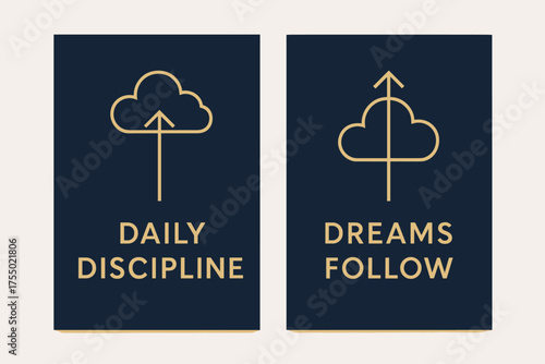Navy and Gold Banners. Discipline. Two vertical A6 banners with safe margins, centered composition, no elements touching edges, modern minimal, navy and gold,