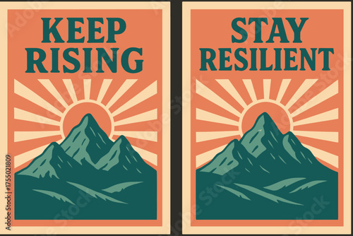 Retro Mountain Banners. Mindset. Two vertical A6 banners with safe margins, centered composition, no elements touching edges, retro style, coral and teal,