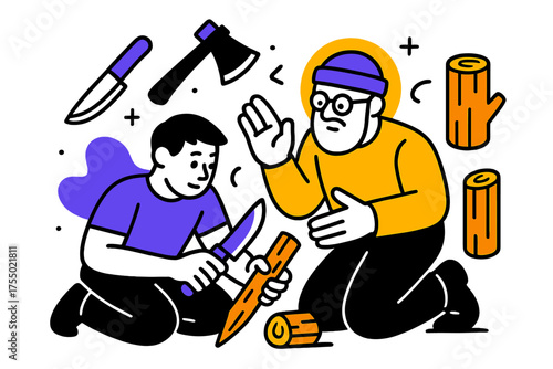 Tool Safety Demonstration. Tool Handling. Elder showing how to safely use knives or axes for survival tasks, floating abstract tools and wood pieces, hands-on