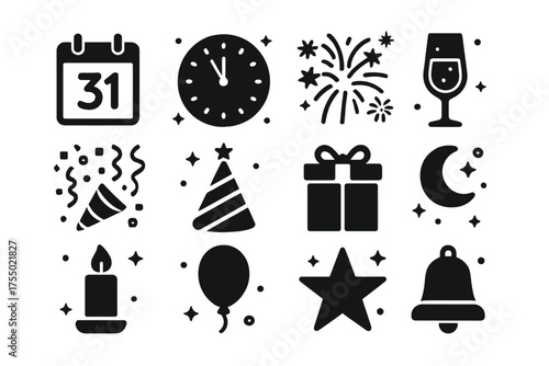 New Year Icons. Goodbye to old year. Solid icons set of Goodbye to old year: calendar page, clock striking midnight, fireworks, champagne glass, confetti,