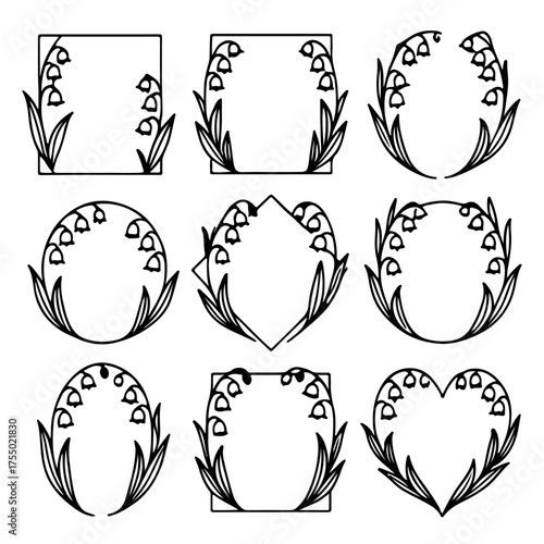 set of outline icons frames of lily-of-the-valley flowers vector on a white background
set of 9 line icons, vector, on a white background