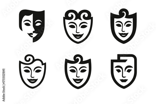 Theatrical Mask Logos. Makeup for stage performance. Set Logo of Makeup for stage performance: Theatrical Mask Accent. harmonious logo variations of the same