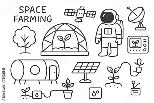Space Farming Doodles. Space Farming. Hand-drawn doodle illustration Space Farming greenhouse tree plant astronaut module dome solar panel water system
