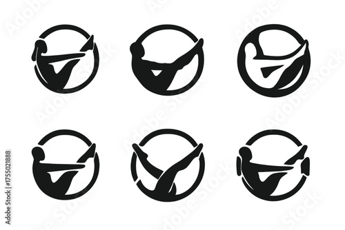 Pilates Ring Emblems. Pilates and Stretching. Set Logo of Pilates Ring: Abstract geometric, Filled silhouette, Negative space, Flat solid, Symmetrical form,
