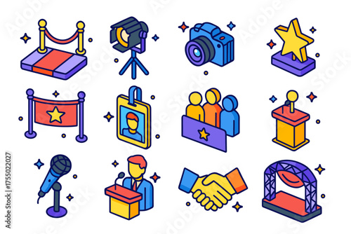 Celebrity Event Icons. Celebrity Event. Colorful isometric vector icons set of celebrity event: red carpet, spotlight, camera, star, banner, press badge,