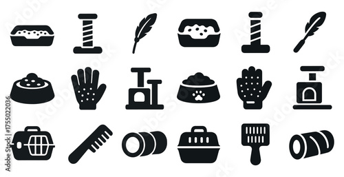 Pet care solid icons set – filled, silhouette, animal grooming symbols