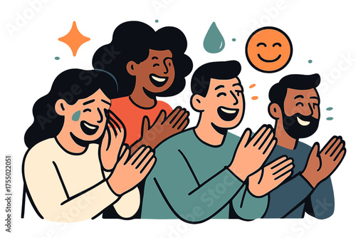 Joyful Crowd Delight. Shared laughter. Glowing audience members wiping tears of joy while clapping. Floating icons of sparkle, droplet, and smile symbolizing