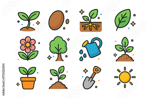 Colorful Plant Icons. Growing Plants. Colorful isometric vector icons set of growing plants: sprout, seed, root system, leaf, flower, tree, watering can, soil