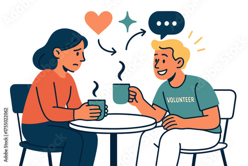Empathetic Tea Conversation. Supportive talk. Glowing volunteer sitting across from woman, sharing tea while listening. Floating icons of heart, sparkle, and