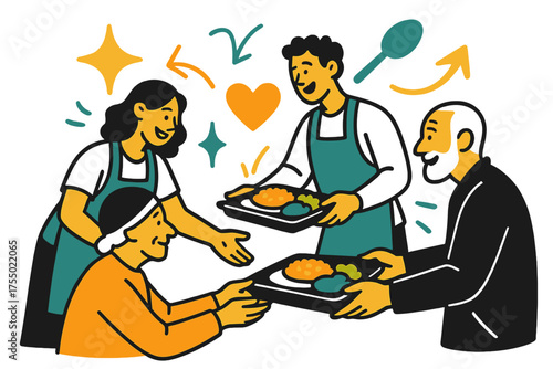 Generosity in Motion. Meal service. Glowing volunteers in aprons distributing warm food on trays to residents. Floating icons of sparkle, spoon, and heart