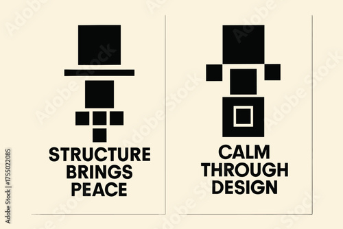 Bauhaus Harmony Banners. Wisdom. Two vertical A6 banners with safe margins, centered composition, no elements touching edges, bauhaus style, black and cream,