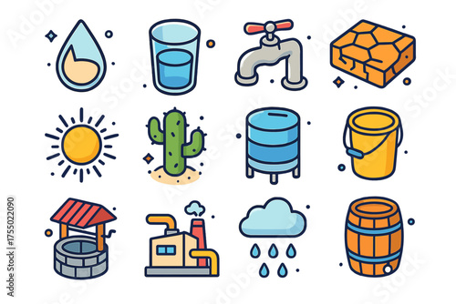 Scarcity Awareness Icons. Scarcity Awareness. Colorful isometric vector icons set of scarcity awareness: empty water drop, glass of water, faucet, cracked