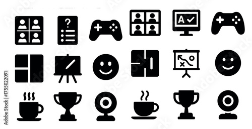 Digital communication solid icons set – flat, filled, video call and chat symbols