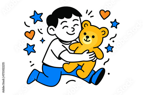 Glowing Teddy Hug. Child with teddy bear. A smiling child hugging a glowing teddy bear, abstract floating stars and hearts around showing warmth and love.