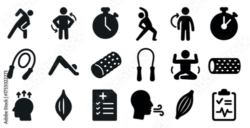 Fitness and exercise silhouette icons set – workout, gym, training symbols