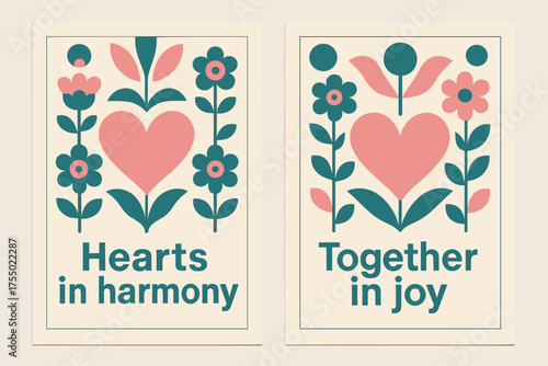 Hearts and Joy Banners. Hearts in harmony. Two vertical A6 banners with safe margins, centered composition, no elements touching edges, bauhaus, pink and teal,